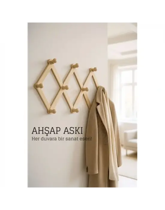 Ahşap Akordeon Duvar Askısı - Dekoratif, Çok Amaçlı, 10 Kancalı Akıllı Askılık