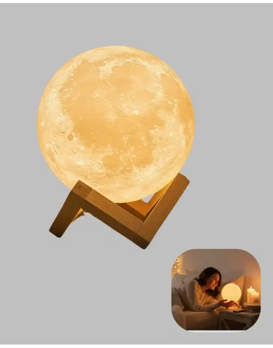 Ahşap Standlı 3d Baskı Ay Lambası 16 Renkli Ve Şarjlı