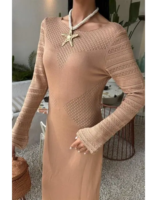 Omarı Elegan Ajur Detaylı Triko Elbise