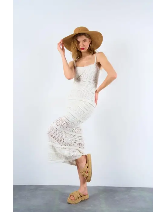 Ajurlu Astarlı Elbise - Ekru