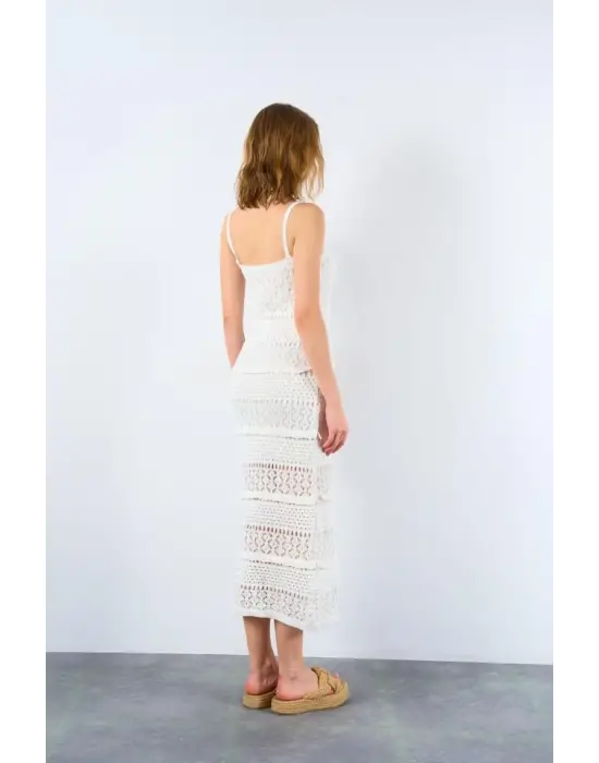 Ajurlu Astarlı Elbise - Ekru