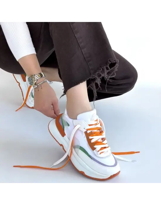 Aleh Beyaz Cilt Turuncu Detaylı Çift Bağcıklı Spor Ayakkabı