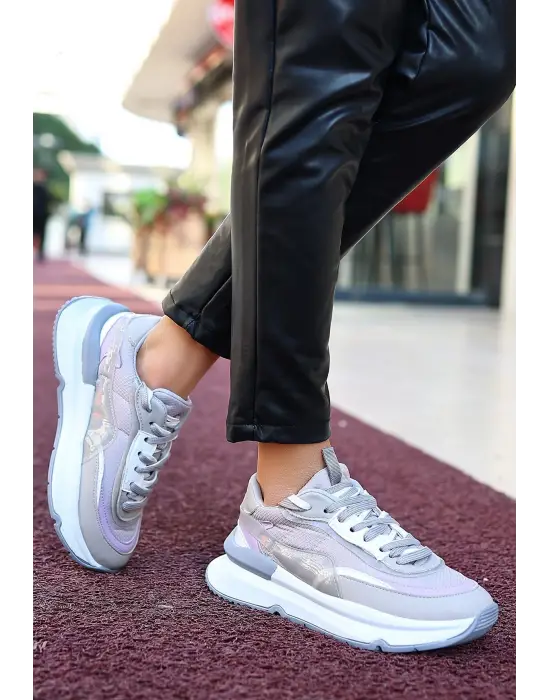 Aleh Gri Cilt Bağcıklı Spor Ayakkabı