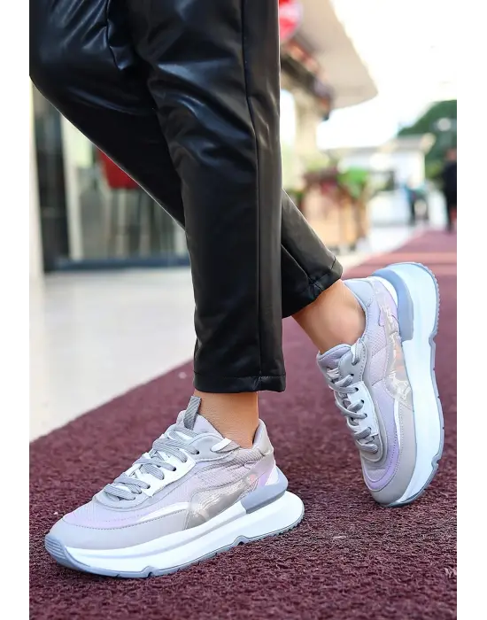 Aleh Gri Cilt Bağcıklı Spor Ayakkabı