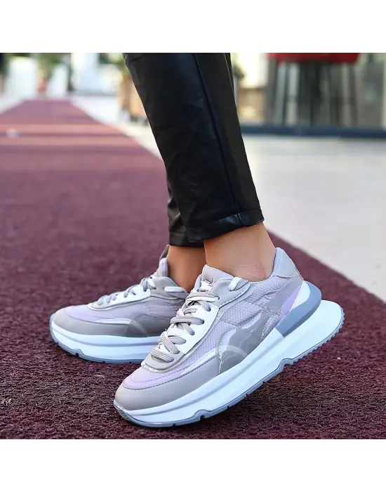 Aleh Gri Cilt Bağcıklı Spor Ayakkabı