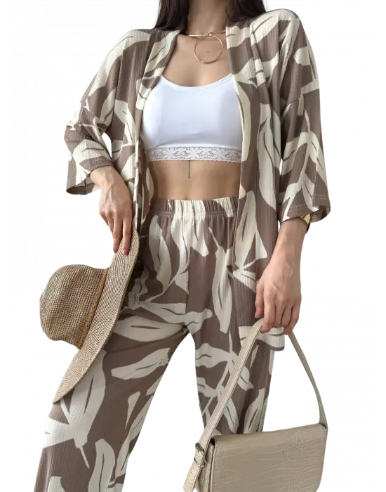 Alt Üst Takım Kimono- Desenli-Kahverengi