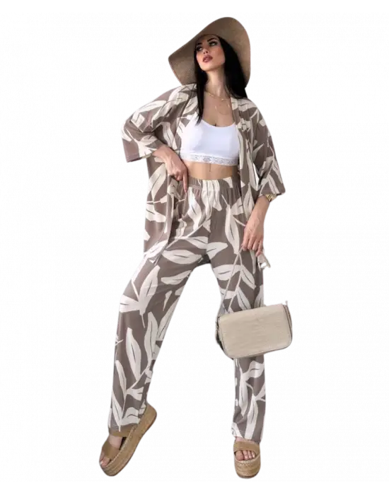 Etnik Desenli Kimono Takım Kahverengi
