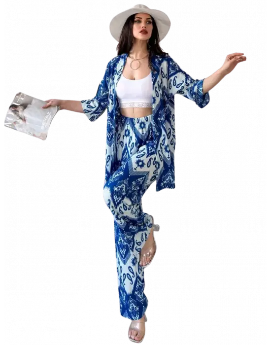 Alt Üst Takım Kimono- Desenli-Mavi