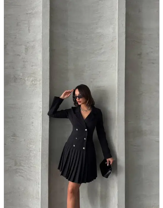 Omarı Siyah Altı Piliseli Uzun Kollu Elbise