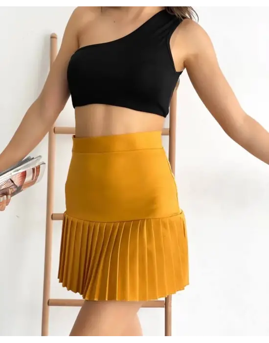 Altı pliseli mini etek hardal s24705