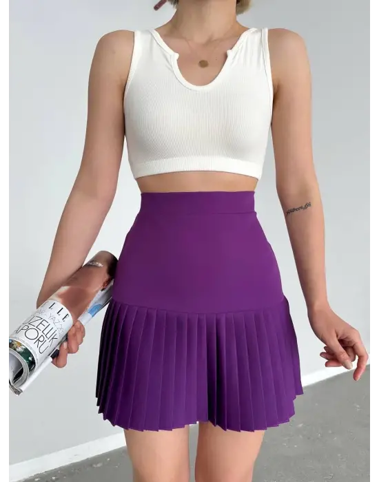 Altı pliseli mini etek Mor s24705
