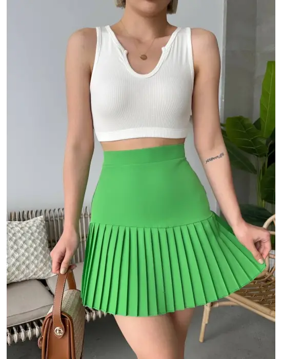 Altı pliseli mini etek yeşil s24705