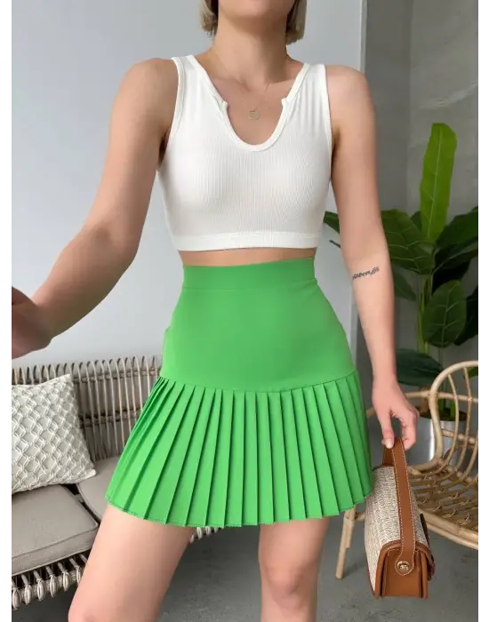 Omarı Yeşil Altı Pliseli Mini Etek