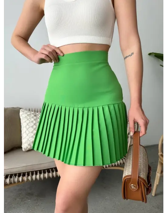 Altı pliseli mini etek yeşil s24705
