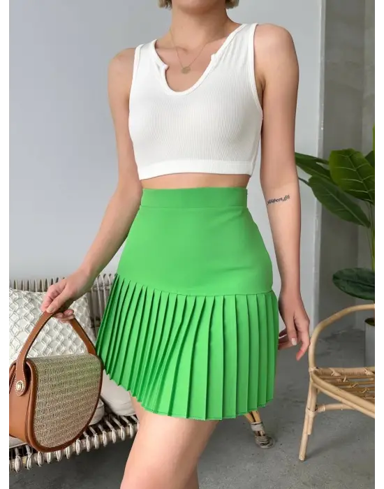 Omarı Yeşil Altı Pliseli Mini Etek