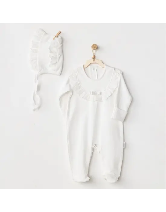 Omarı Yumuşak Pamuklu Bebek Tulum Takımı Ekru Renkli