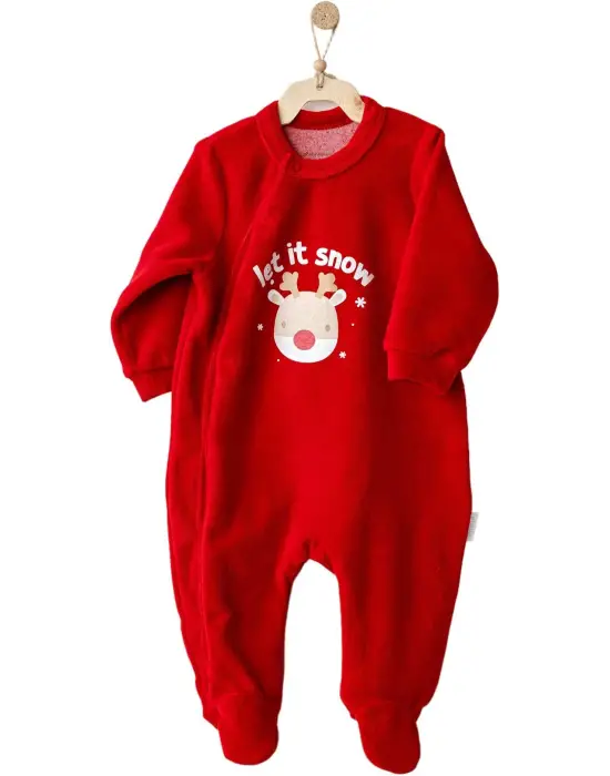 Omarı Parlak Kırmızı Kadife Bebek Tulum - Yeni Yıl Sevinçle Çocuğunuz İçin
