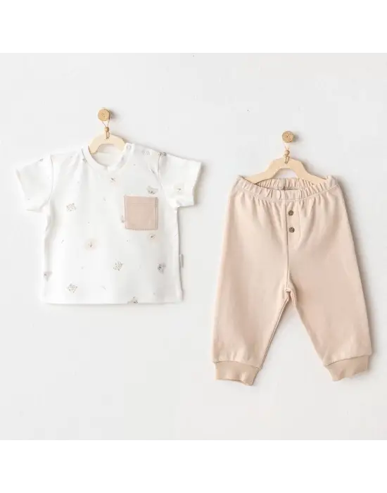 Omarı Sevimli Hayvan Desenli Bebek 2li Takım Beige