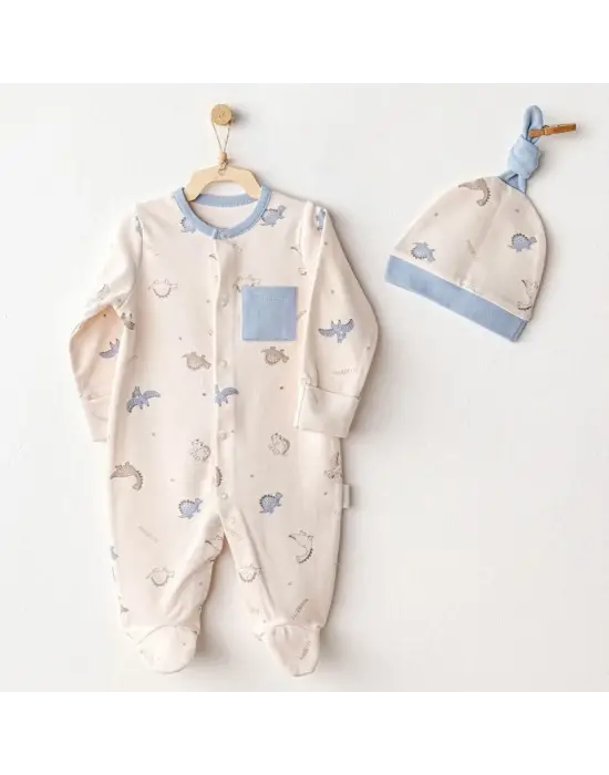 Omarı Beige Dino Desenli Bebek Tulum ve Şapka Seti