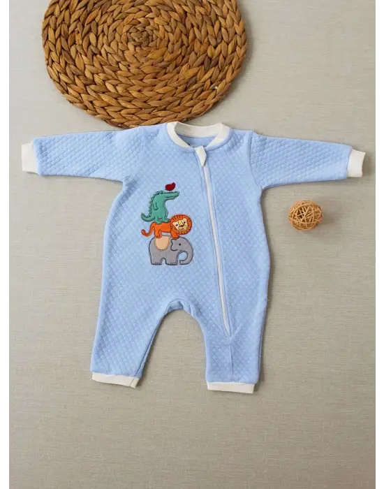 Omarı Yumuşak Kumaşlı Animal Nakışlı Bebek Tulumu Mavi