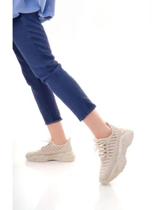 Omarı Bej Triko Bağcıklı Spor Ayakkabı