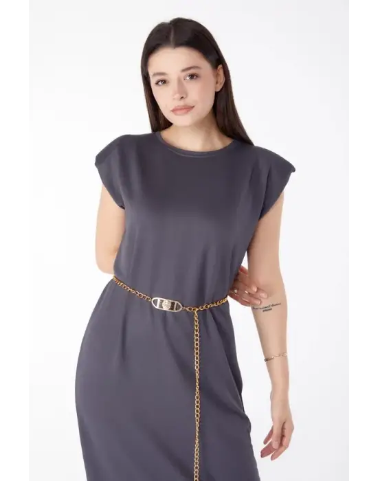 Omarı Antrasit Rengi Şık Elbise Modeli