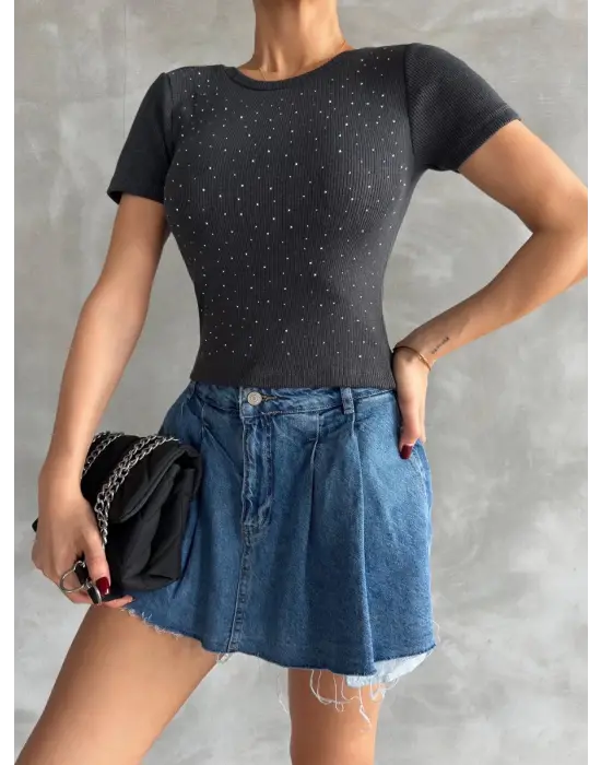 Omarı Taşlı Antrasit Bluz