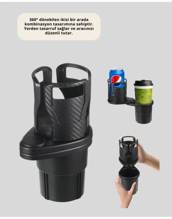 Araba Çift Bardak Tutucu 360° Dönebilen İkisi Bir Arada Ayarlanabilir