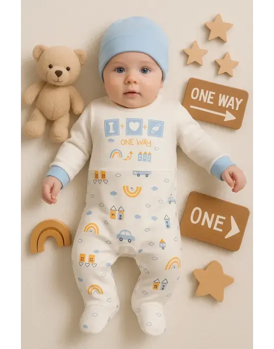 Araba Desenli Mavi 2li Şapkalı Erkek Bebek Tulumu