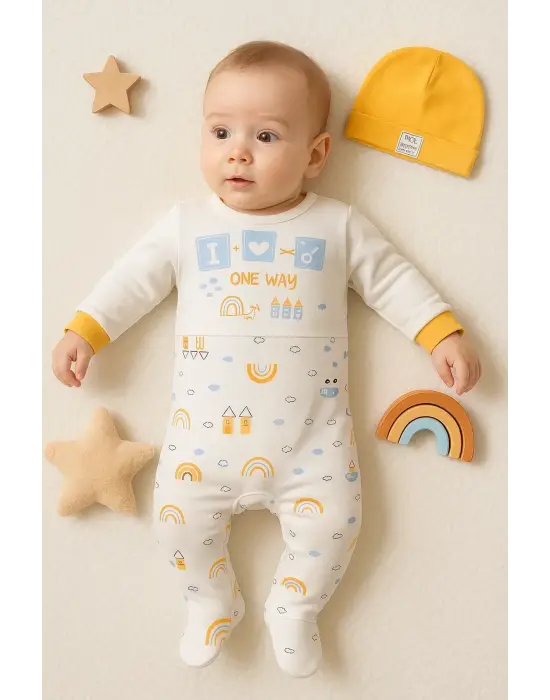 Araba Desenli Sarı 2li Şapkalı Erkek Bebek Tulumu