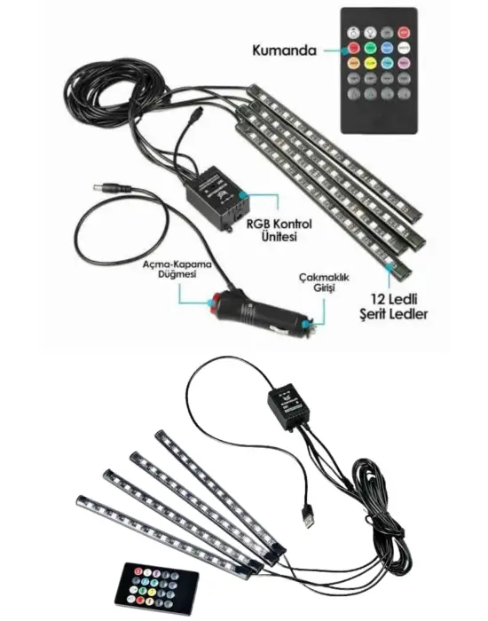 Araç İçi Ayak Altı Led 12 Led Işık Sese Müziğe Duyarlı Rgb Işıklı Aydınlatma Seti
