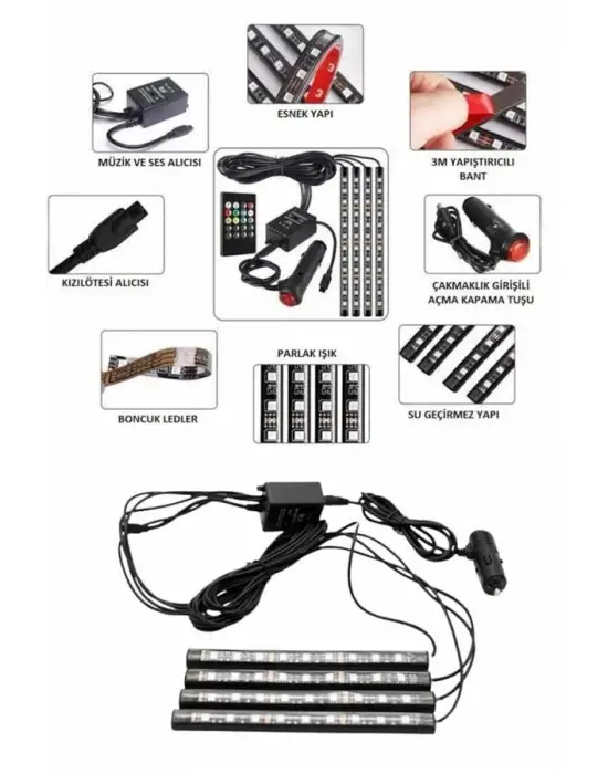 Araç İçi Ayak Altı Led 12 Led Işık Sese Müziğe Duyarlı Rgb Işıklı Aydınlatma Seti