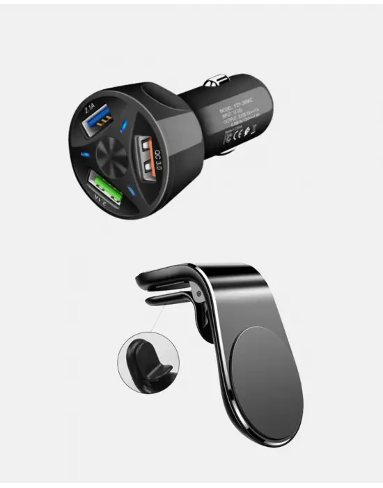 Araç İçi Telefon Tutucu + Quick Charge 3.0 Araç Şarj Cihazı Seti