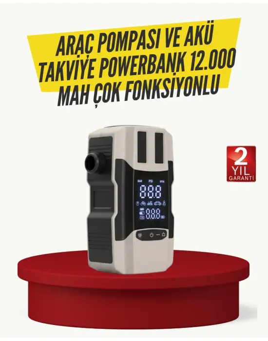 Araç Lastik Şişirme Pompası Ve Akü Takviye Powerbank Bir Arada