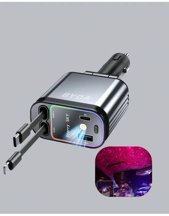 Araç Şarj Cihazı 4 Portlu 66w Hızlı Şarjlı Led Işıklı Ve 180° Dönebilir