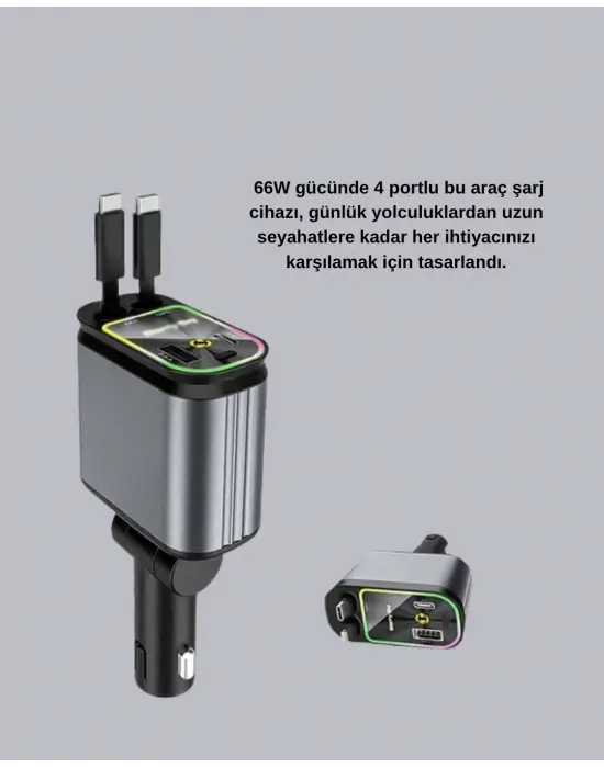 Araç Şarj Cihazı 66w 4 Portlu Hızlı Şarj Ve Led Işıklı