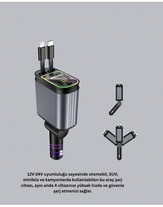 Araç Şarj Cihazı 66w 4 Portlu Hızlı Şarj Ve Led Işıklı