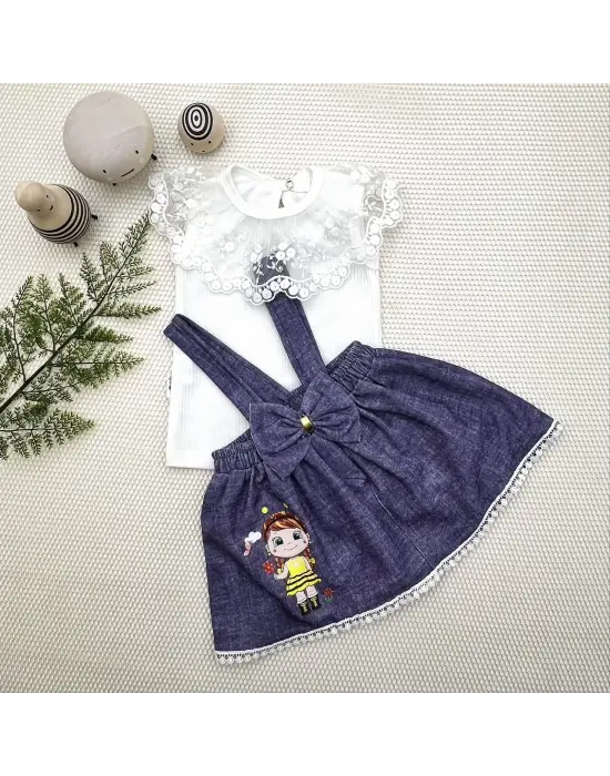 Omarı Arı Nakışlı Kot Desenli Bebek Salopet Takımı