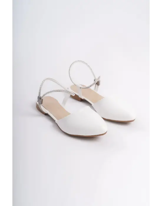 ARIANA Lastikli Rahat tabanlı ayakkabı Rahat Tabaan Bilekten Taş Detaylı Bayan Babet Ayakkabı  CKısa Topuk - Beyaz
