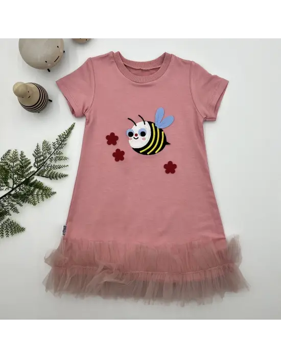 Omarı Çiçek Desenli Fırfırlı Jile Kız Çocuk Elbisesi