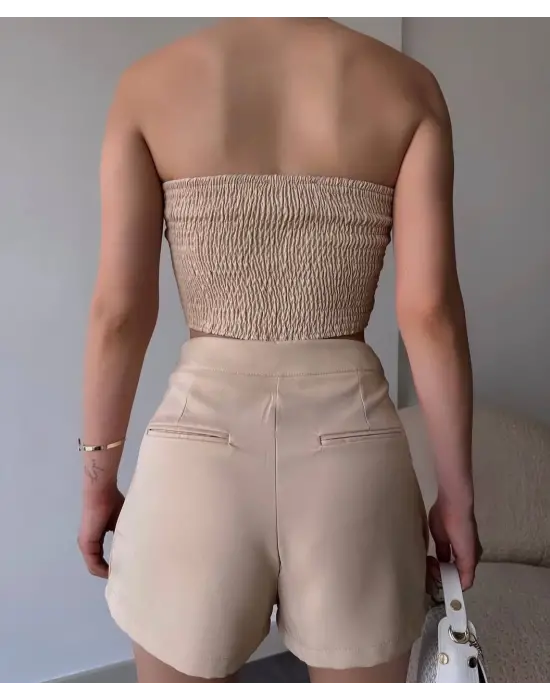 Arkadan büzgülü esnek büstiyer bej