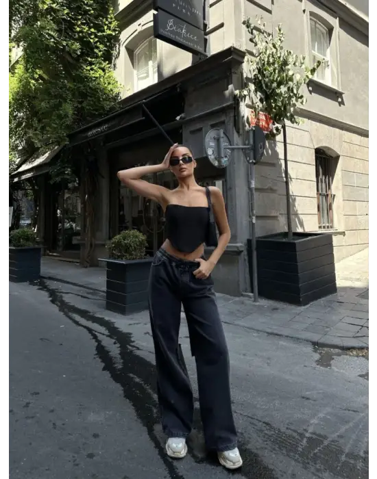 Arkadan Yırtmaçlı Jeans Kot Palazzo Pantolon - Siyah