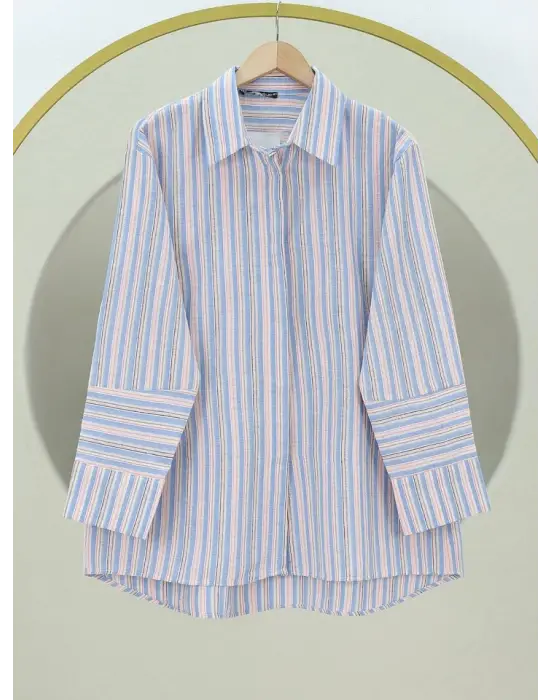 Arkası Uzun Kabartma Çizgili Oversize Gömlek -Mavi