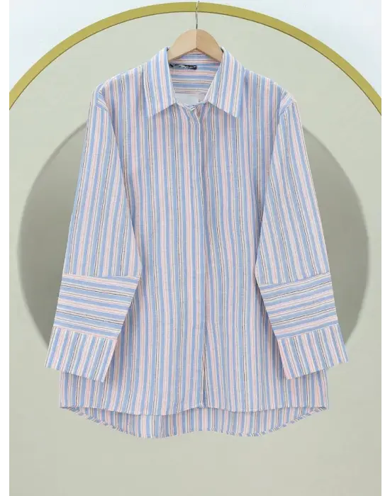Omarı Mavi Oversize Gömlek Kabartma Çizgilerle Tasarım