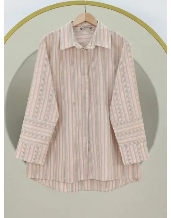 Arkası Uzun Kabartma Çizgili Oversize Gömlek -Vizon