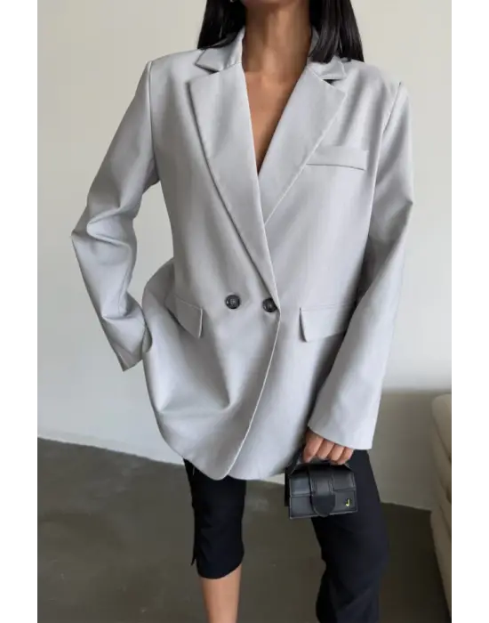 Omarı Yırtmaç Detaylı Gri Ceket