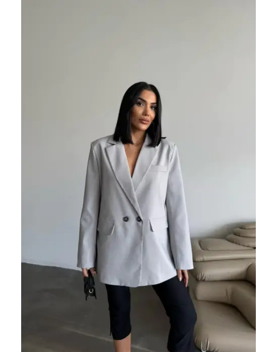 Omarı Yırtmaç Detaylı Gri Ceket