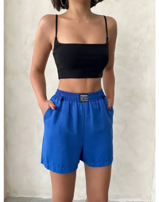 Armalı keten şort saks mavisi s251003