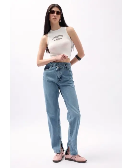 Omarı Modern Stil Asimetrik Bel Paça Jean