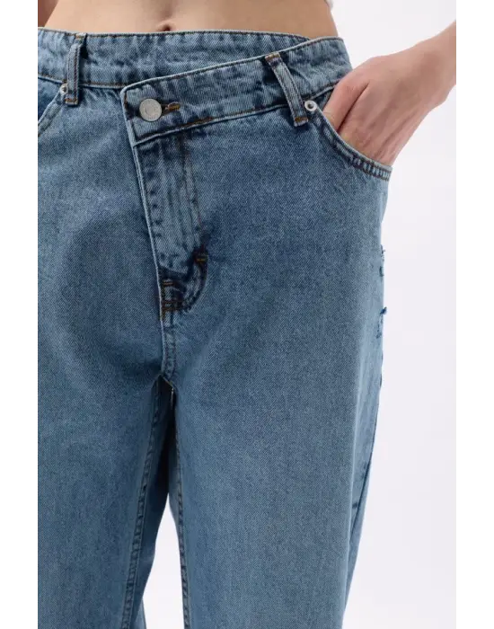 Omarı Modern Stil Asimetrik Bel Paça Jean